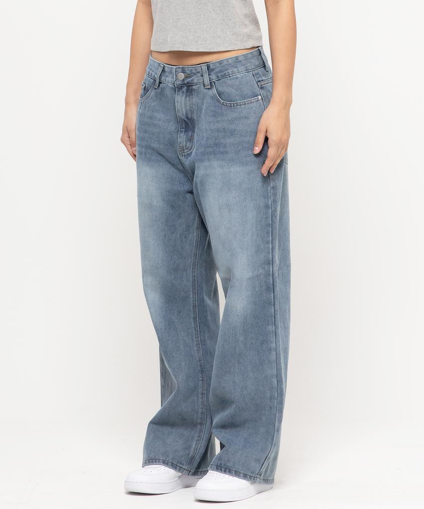 CHAMBROS Women'S Semi-Wide Washed Denim Pants [Medium Blue]