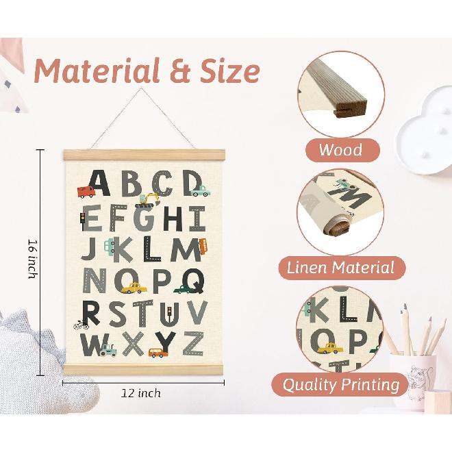 XYDEG Transportation Car Alphabet Numbers Poster Hanger Frame,Baby Boy Nursery Playroom Wall Decor, Nursery Decor,ABC Banner Poster Wall Art with