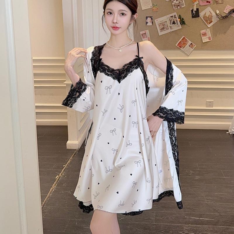 Ice silk pure desire wind suspender nightdress spring and summer sexy lace nightgown high sense two-piece set sweet loungewear women