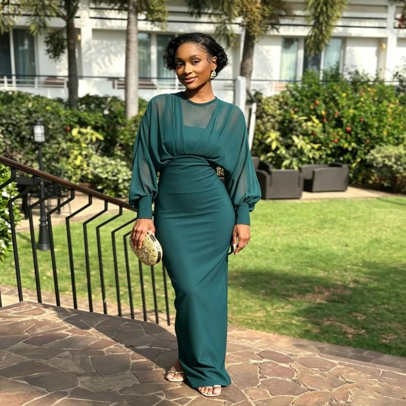 Elegant Long Sleeve Maxi Dress Women High Waist Slim Fit Formal Gown In Plus Size Evening With Lantern Sleeves