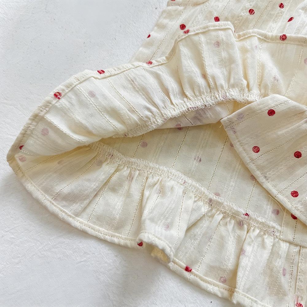 Girls Summer Off White Red Polka Dot Bow Sleeveless Top And Red White Plaid Tiered Skirt Two Piece Set