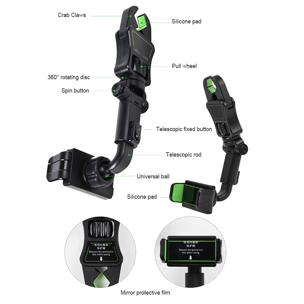 Fordon Backspegel Mobiltelefonhållare Fäste Universell Smartphone Justerbar Teleskopisk Mobil