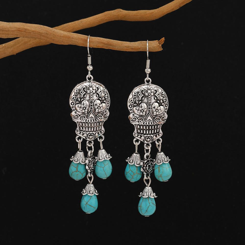 Halloween Skull Hollow Earrings Retro Exaggerated Punk Turquoise Pendant Earrings
