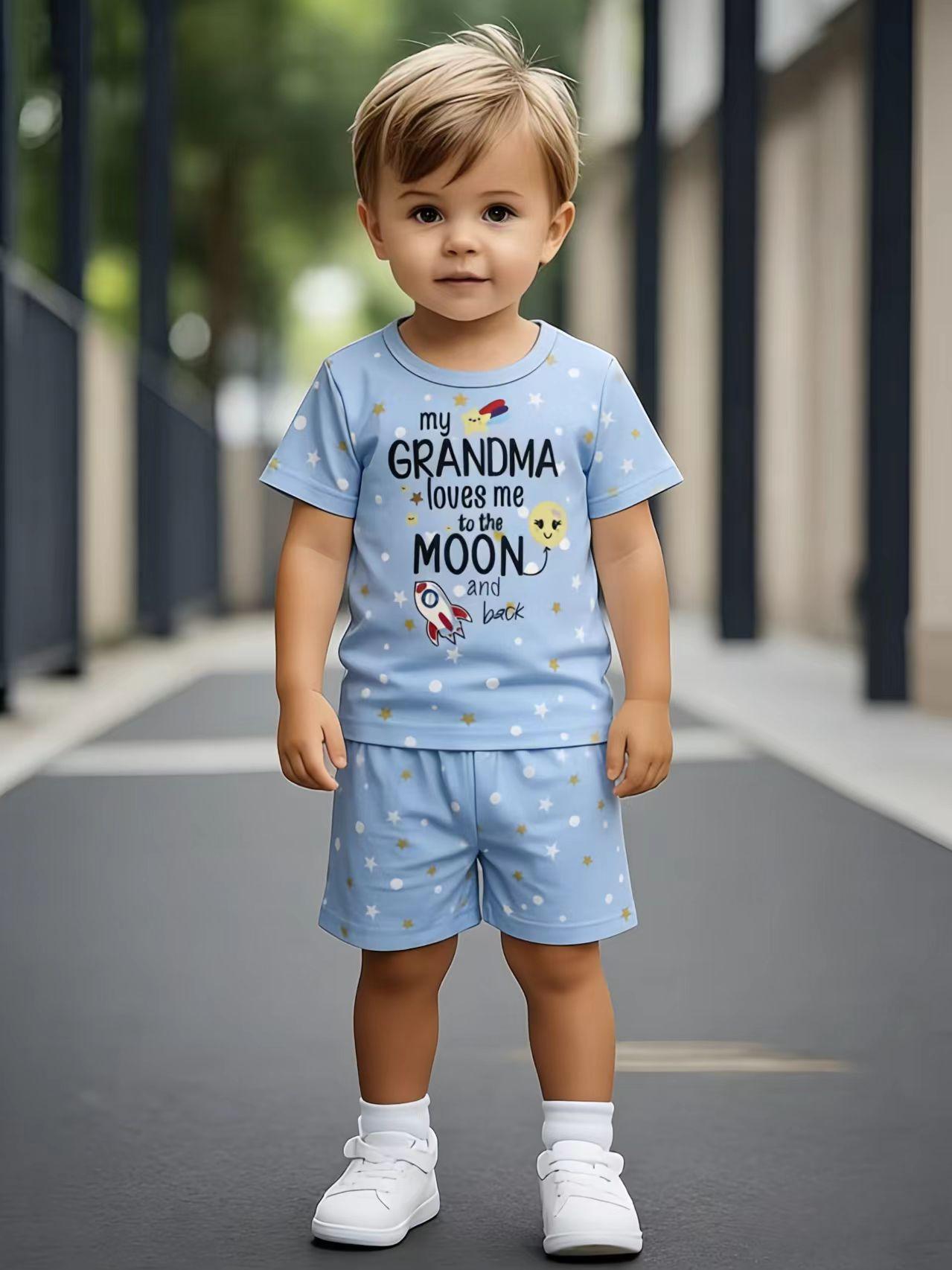 

Toddler Boys Cute Grandma Loves Me 2-Piece Outfit, Summer Star Print Clothes for Kids, Perfect for Playwear & Outdoor 1-2Y синий