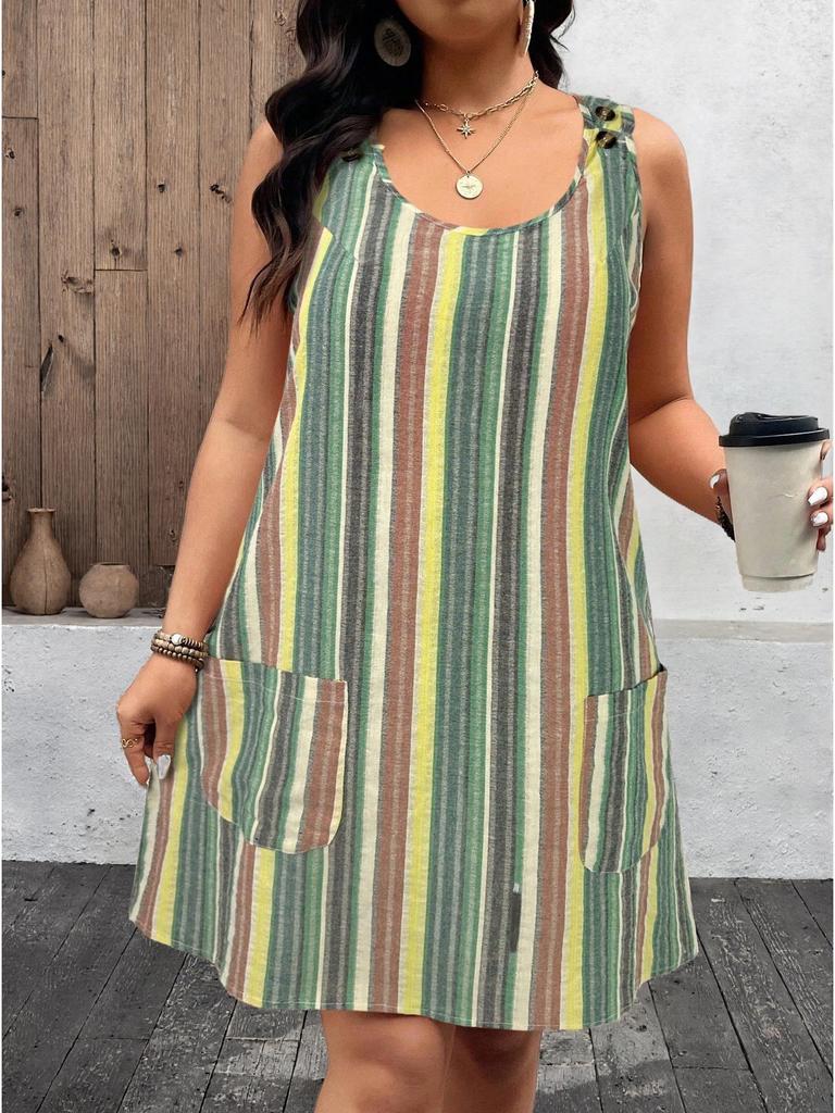 2026 Summer Fashion: Striped Sleeveless Dress with Button Pockets, Women's Casual European & American Style.