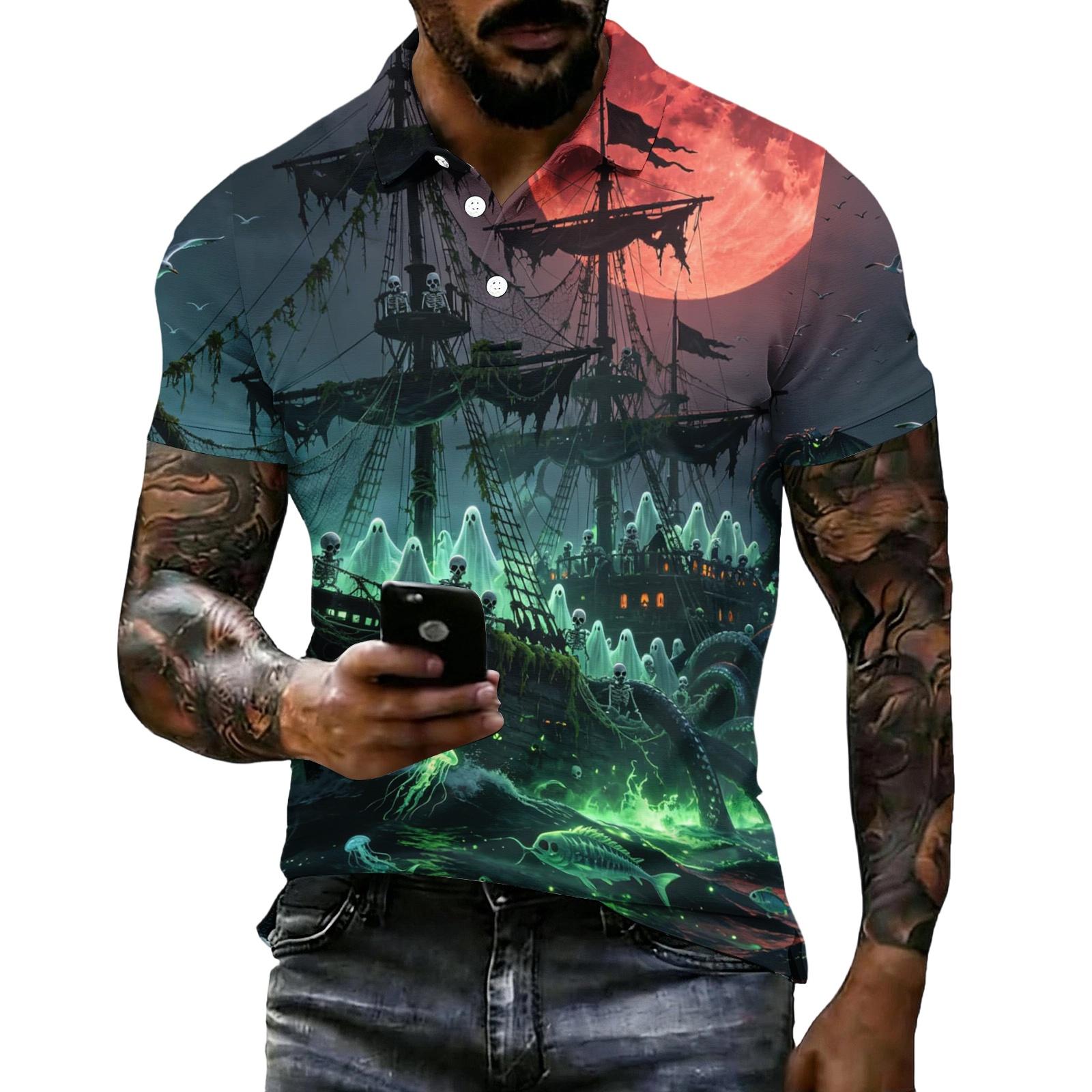 Men s Halloween Printed Vintage Texture Short Sleeve T-Shirt Loose Fit Breathable Summer Casual Top S