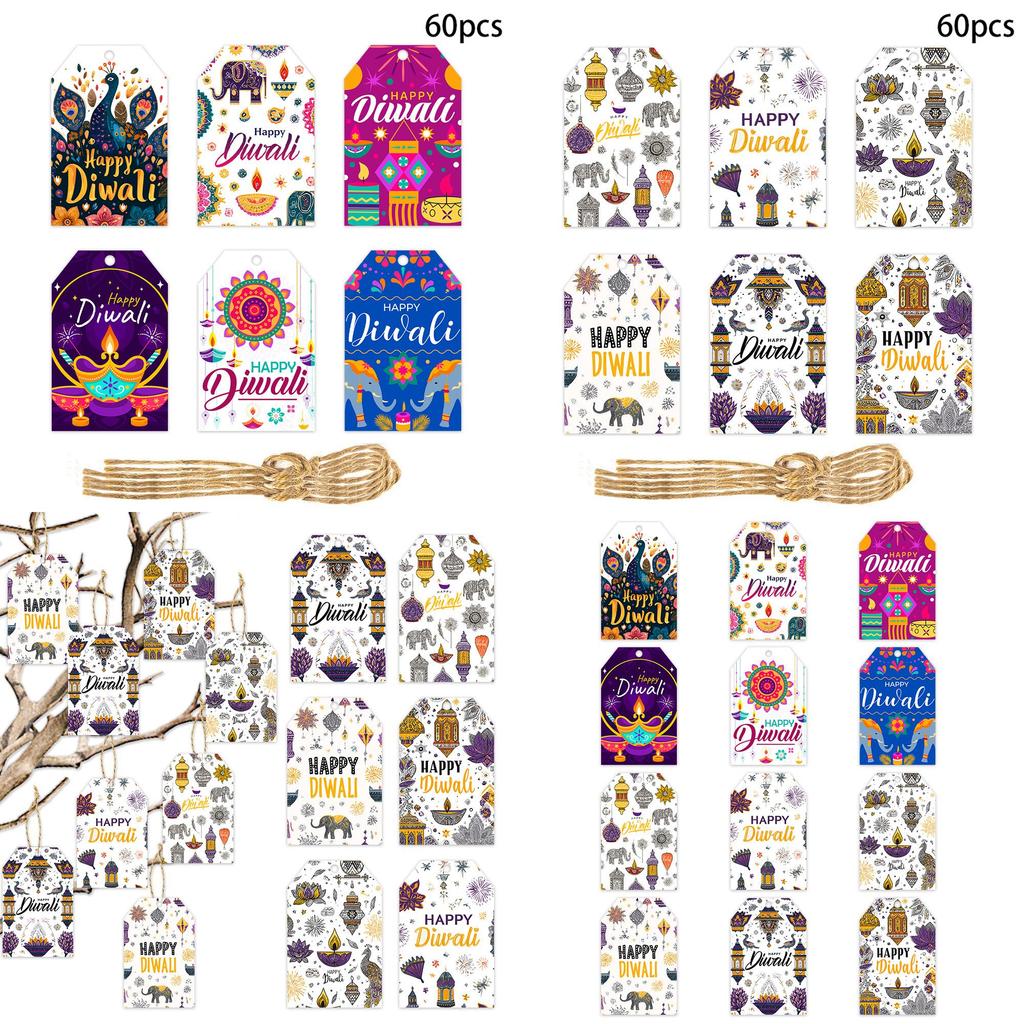 Diwali Theme Hang Tags For Party Decorations With 60pcs Paper Festive Labels