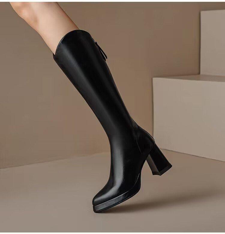 Women's Knee-high Boots Luxury Pointe Toe Leather Boots Fashion Thick Heel High Heel Boot Knight Booties Women Winter Long Boots