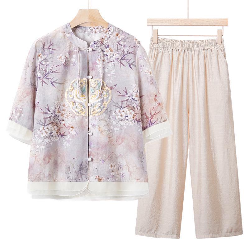 2024 New Chiffon Short Sleeve Blouse - Chinese Style Spring/Summer Top for Middle-Aged Women