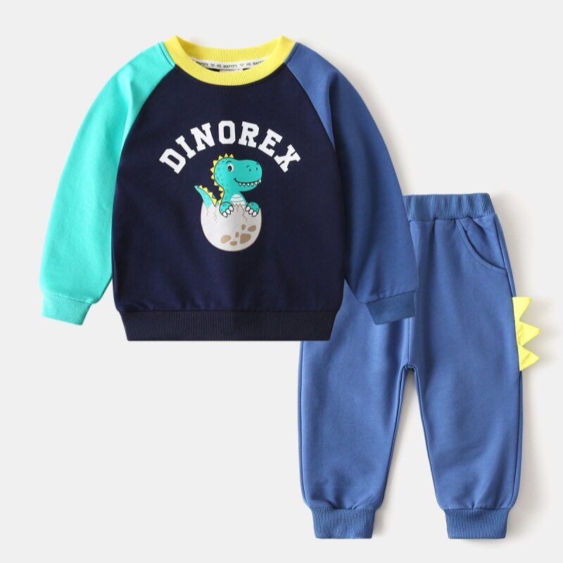 Spring and Autumn Kids Long-Sleeve Suit Boys' Patchwork Sleeve Dinosaur Sweatshirt Two-piece Set Baby Raglan Sleeve Casual Clothes