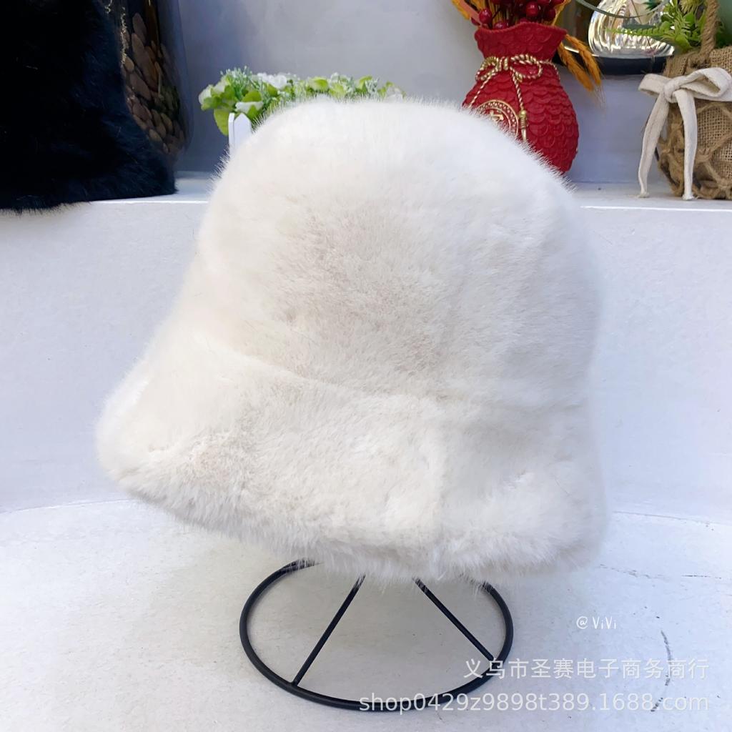 Ins classic imitation mink plush hat women's winter warm eaves fashion fur bucket hat