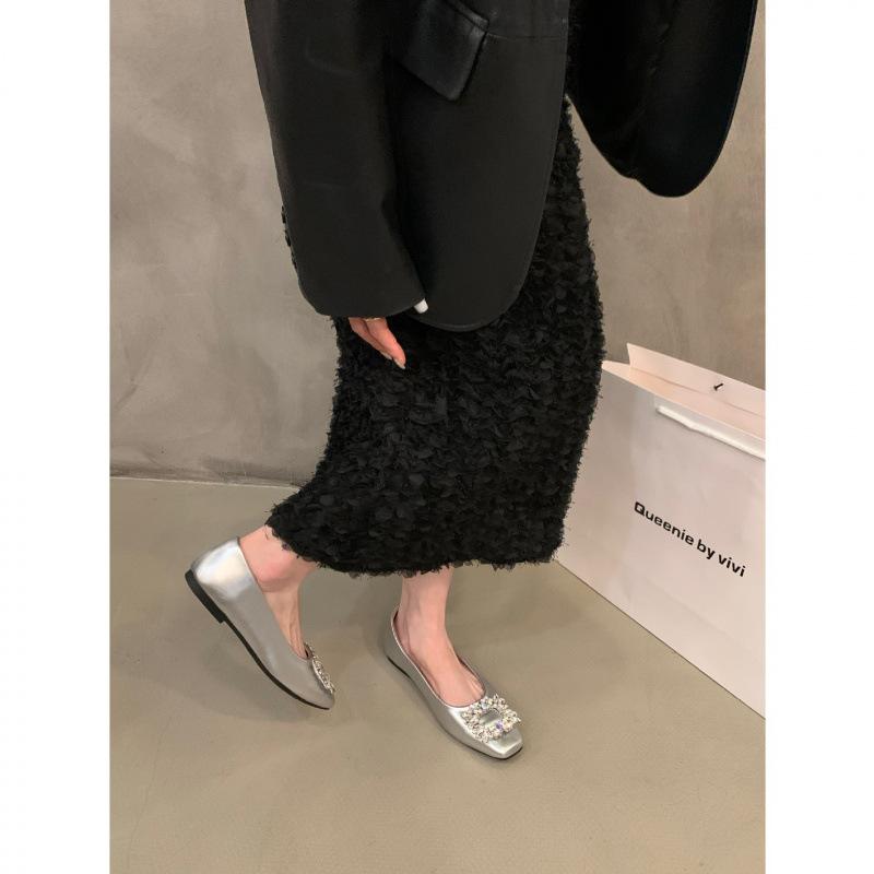 Flat Bottom Silver High-end Square Head Rhinestone Single Shoes Women's Shoes 2025 New Summer Black Commuter Beanie Shoes