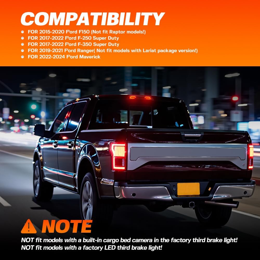Led Third Brake Light for 15-20 F'ord F150 17-22 F250 F350 Super Duty Ranger Maverick Rear Center High Mount Stop Lamp CHMSL White Cargo lamp Strobe