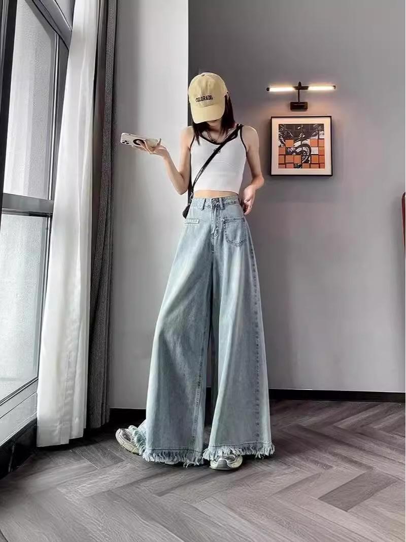 

Women s Vintage Frayed Wide-Leg High-Waisted Jeans - Summer 2024 Floor-Length Design 5XL