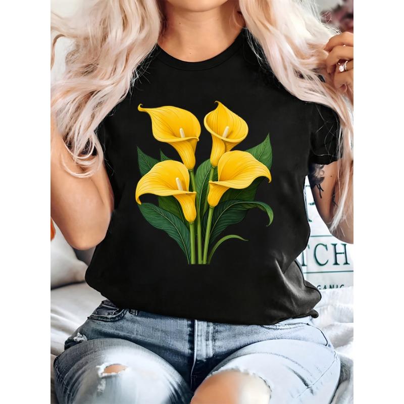 Plus Size - Women S Plus Size Casual T-Shirt with Vibrant Hibiscus & Floral Print, S чёрный