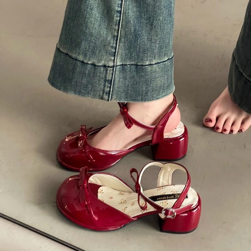 Fairy style bow women's wedge heel single shoes wear summer open-toed square head with skirt temperament high-heeled slippers tide