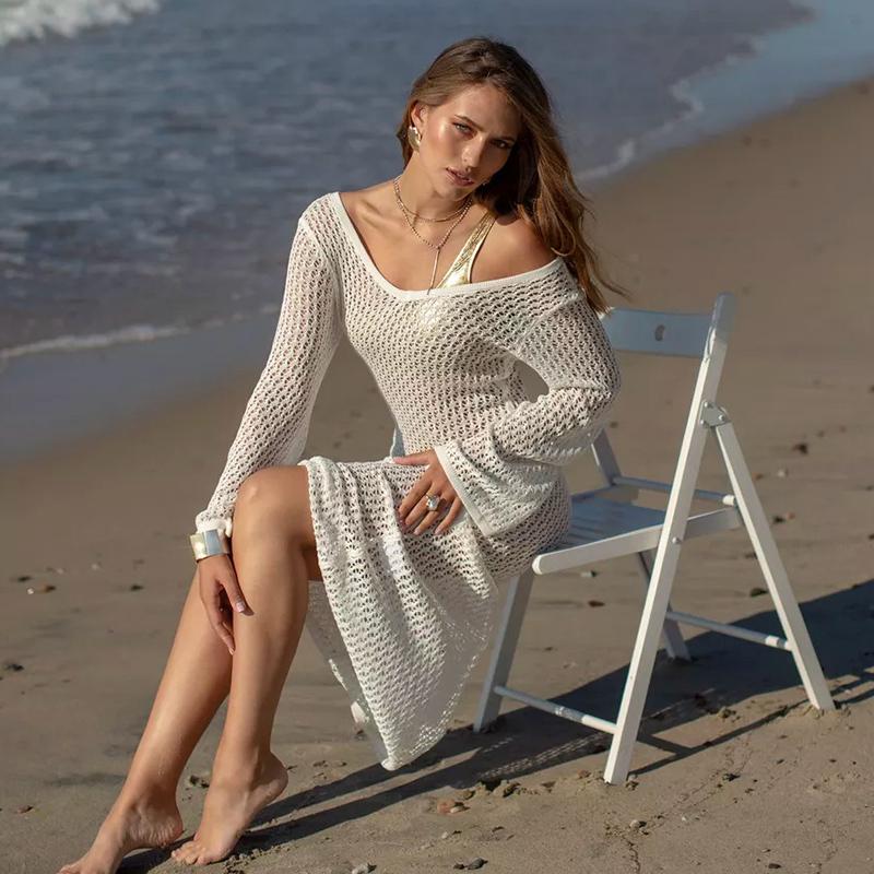 Knitted Hollow Out Beach Dresses Women Sexy Solid O-neck Long Sleeve Oversize Dress Spring Summer Lady Sunscreen Vestidos