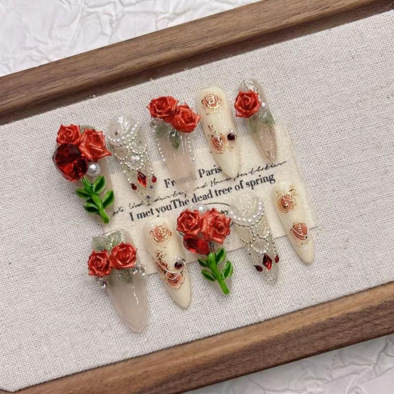 Handmade 3D Vintage Rose Press-On Nails Long Style 2026 New Design Women Girls