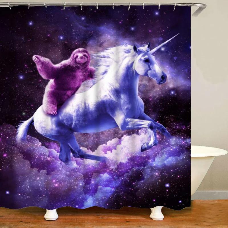 Zabawne Zwierzęta Zasłona Prysznicowa,Fajna Leniwiec Jedzący Jednorożca w Kosmosie Zasłona Prysznicowa,Tkaninowa Fantazyjna Zasłona Prysznicowa do Łazienki z Haczykami