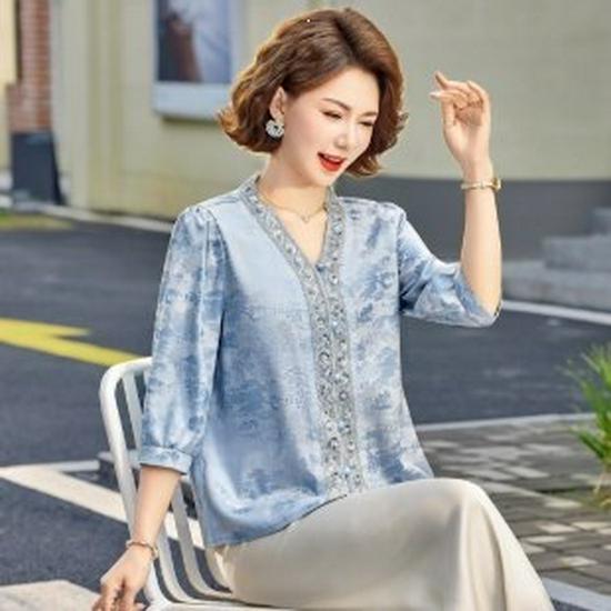 2026 Fashionable Short-Sleeved Shirt for Middle-aged and Elderly Women - Thin Summer Style 4XL синий