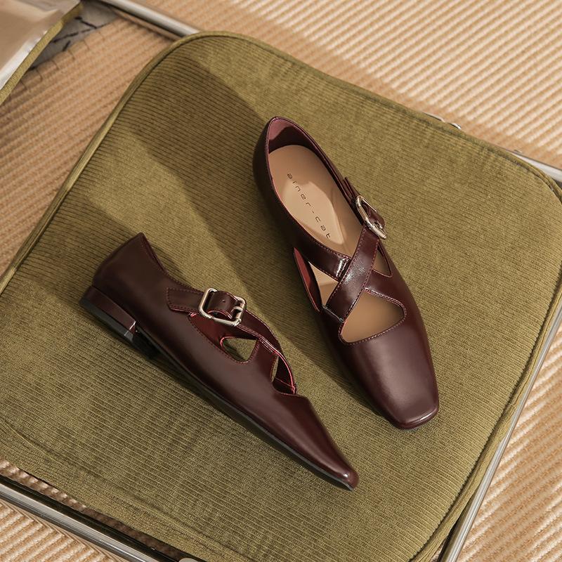 22301 flat shoes women's thick heel 2025 new square head cross buckle Mary Jane retro low heel single shoes