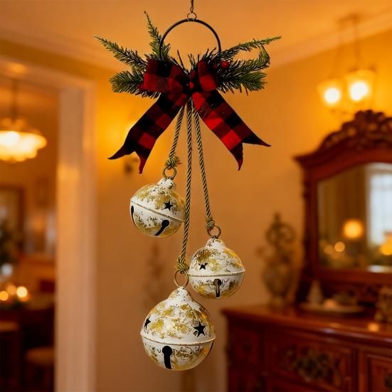 Christmas Bell Decoration 17.7" Hanging Jingle Bells with Plaid Bow Pine Needles Red Berries Rustic Holiday for Door