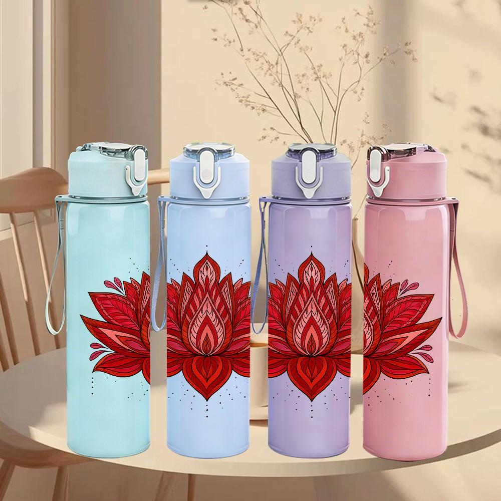 1PC Red Lotus Flower Mandala 750ml Color Plastic Sports Water Bottle Leakproof Flip Straw Lid Suitable for Sports Office Home Use