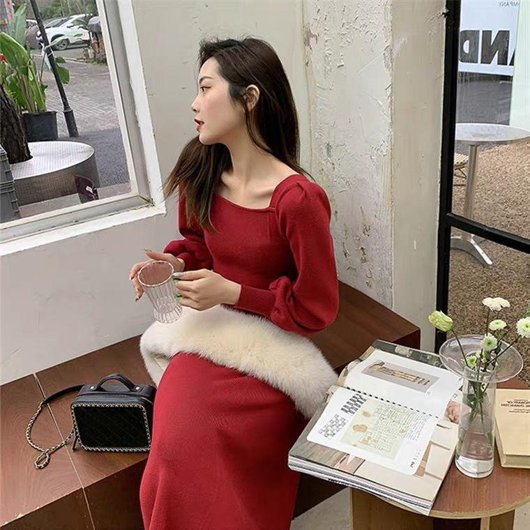 

Винтажное трикотажное платье с квадратным вырезом и длинными рукавами, длинный свитер Хепберн с нижней юбкой XL красный