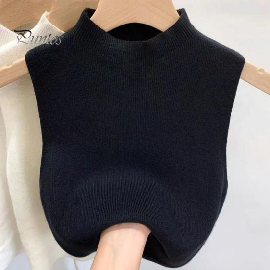 Dámské pletené vestové topy Slim Fit Polovysoký límec Bez rukávů Jednobarevná elastická pletená halenka Denní nošení