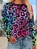 Dámské kulatý výstřih dlouhý rukáv T‑shirt Barevný leopardí zvířecí potisk Sváteční tričko Top Ležérní denní podzimní oblečení Dámské oblečení
