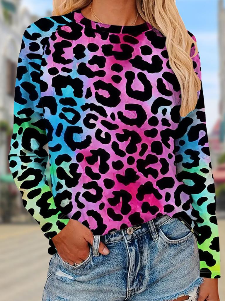 Dámské kulatý výstřih dlouhý rukáv T‑shirt Barevný leopardí zvířecí potisk Sváteční tričko Top Ležérní denní podzimní oblečení Dámské oblečení