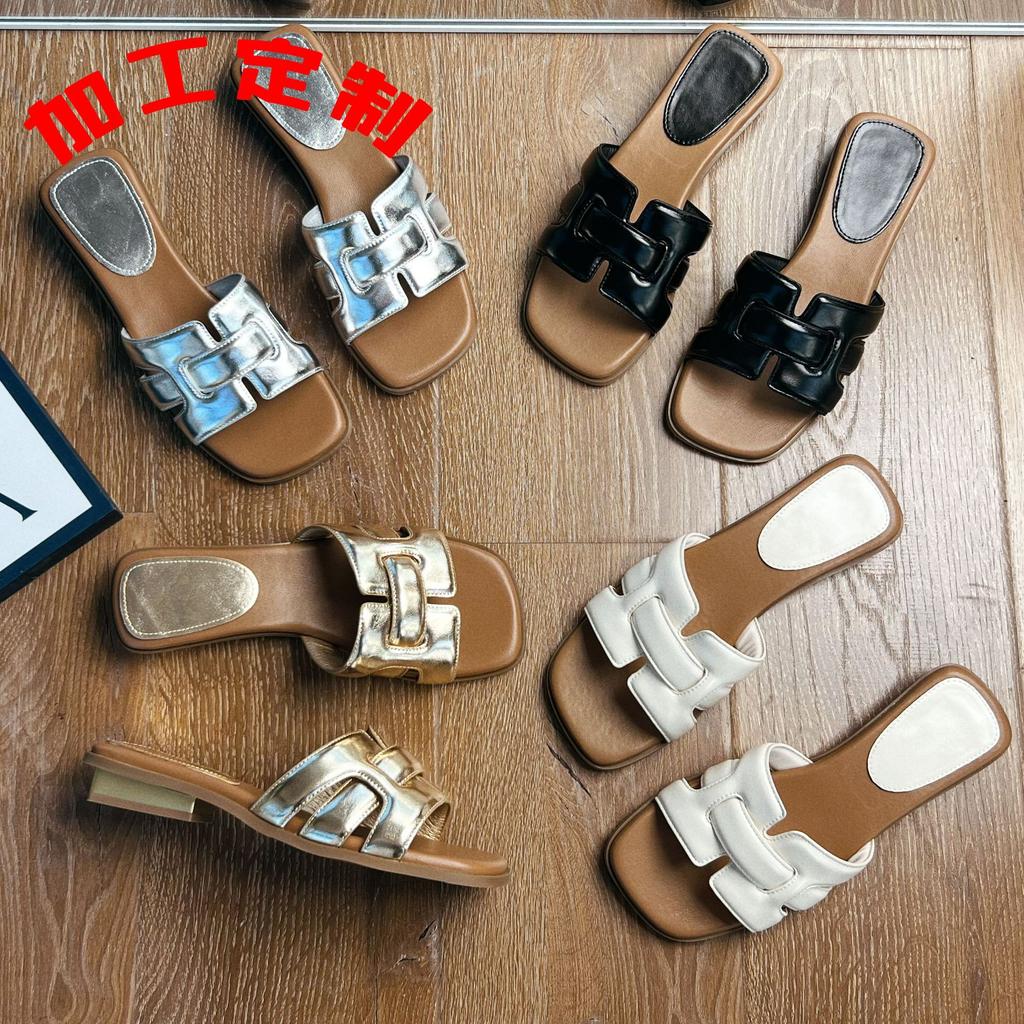 Customized French square head woven one-word open-toed slippers women's outer wear 2025 lazy versatile outer wear beach sandals women