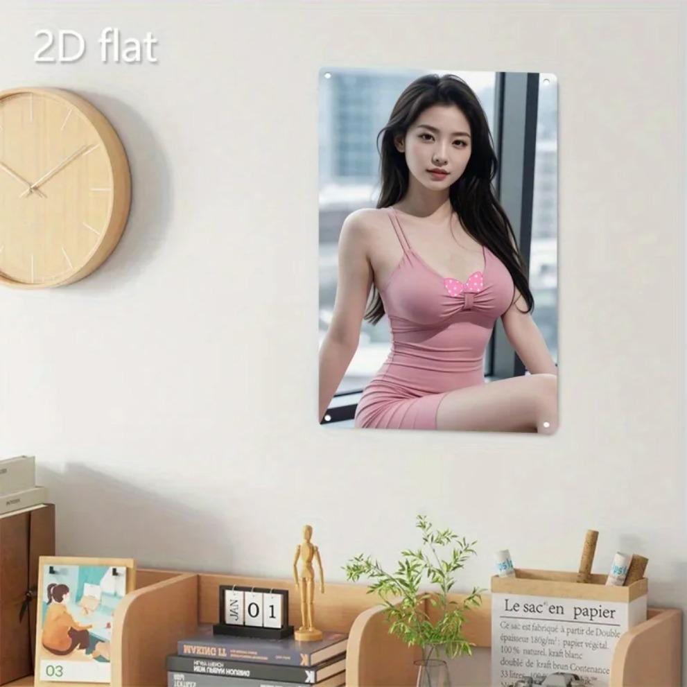 Hisun Tin Sign HD Metal Tin Sign Elegant Asian Beauty in Pink Bodycon Dress City View Vintage Wall Art D Flat Retro Iron Painting Plaque for