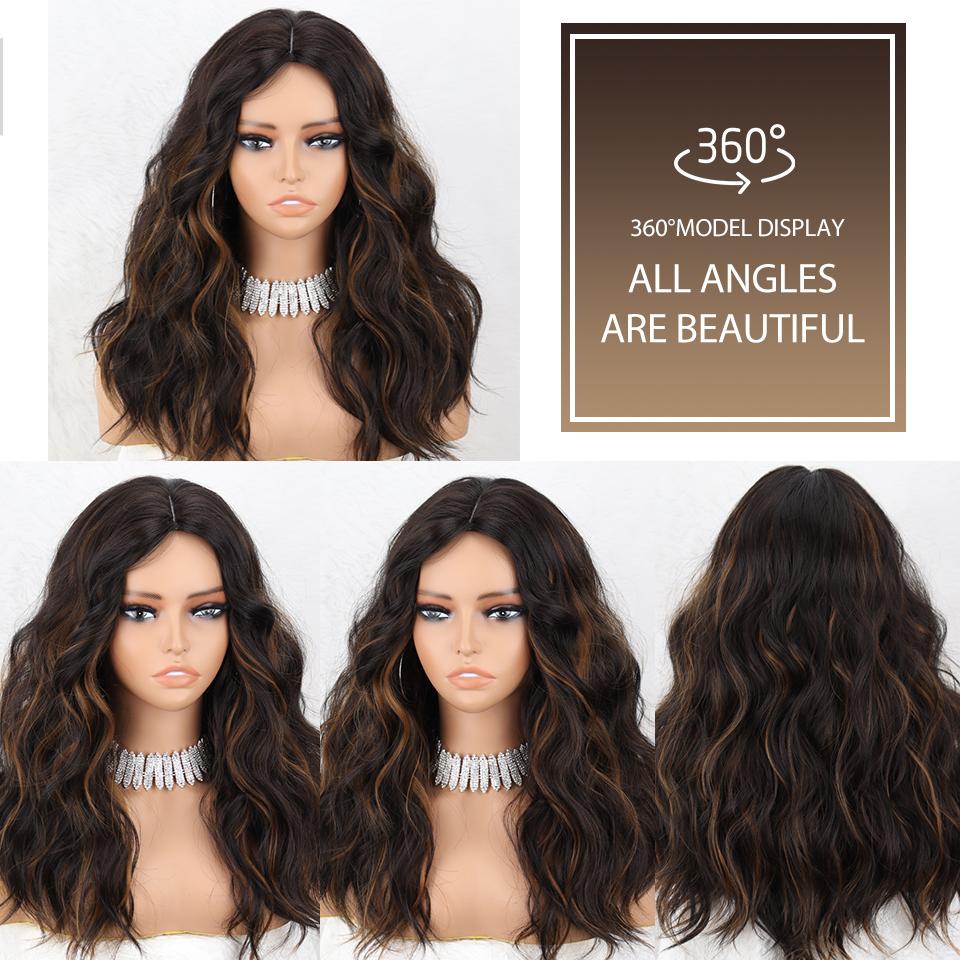 MISS WIG Lange brune bølgete parykker for kvinner Midtdel Krøllete brune blandet blonde parykker Syntetiske høydepunkter for daglig fest