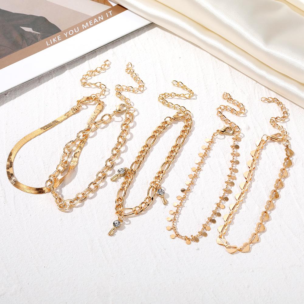 Snake Chain Love Diamond Anklet 5 Piece Gold Artificial Diamond Pendant Love Hollowed Out Lock Chain Snakebone Chain Girls Bracelet Anklet Accessories