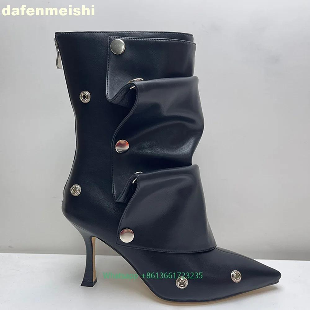 Metal Rivet Buckle Pleated Women Boots 2025 Winter Pointed Toe Thin Heels Short Boots Solid Color Back Zipper Leather Boots