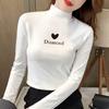 Women Double-sided Fleece Mock Neck Long Sleeve Top Heart Letter Print Slim Thermal Base Layer Shirt Fall Undershirt