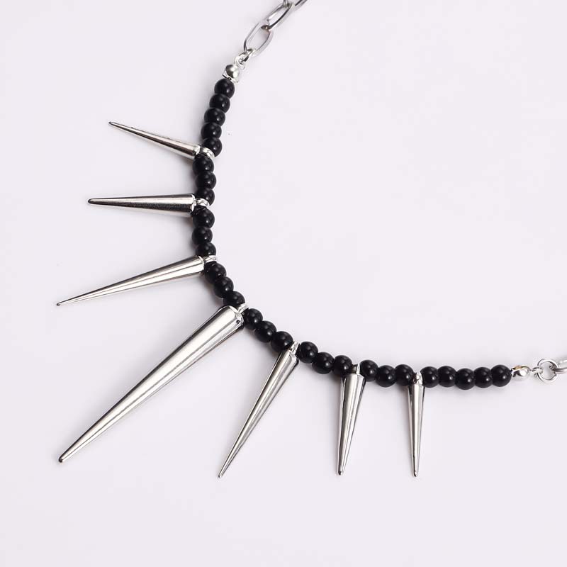 Punk Black Beads Rivet Choker Necklaces for Men Women Exaggerated Silver Color Metal Long Spike Tassel Necklaces Y2K Jewelry