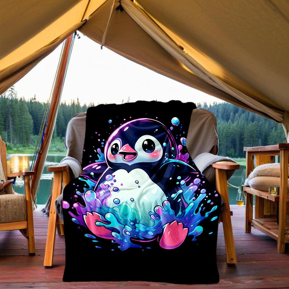 1pc Penguin Splash Flannel Blanket, Comfortable and Warm Blanket, for Camping Sofa Bed and Couch Office022