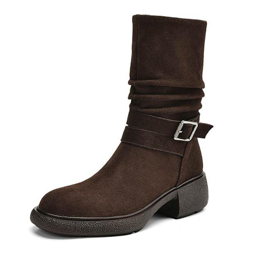 Krazing Pot Cow Suede Nubuck Pleated Decoration Autumn Winter Shoes Chunky Heels Size 43 Size 42 Round Toe Zipper Retro Fashion Mid-calf Boots