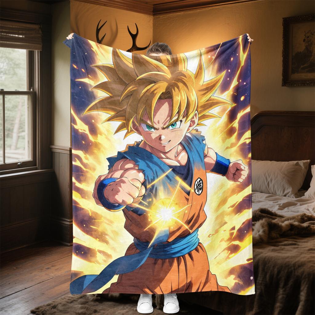 1 ks flanelová deka s potiskem Son Goku, Vysoce kvalitní pro všechna roční období, Domácí dekorace, Teplo a pohodlí, Perfektní jako vánoční dárky