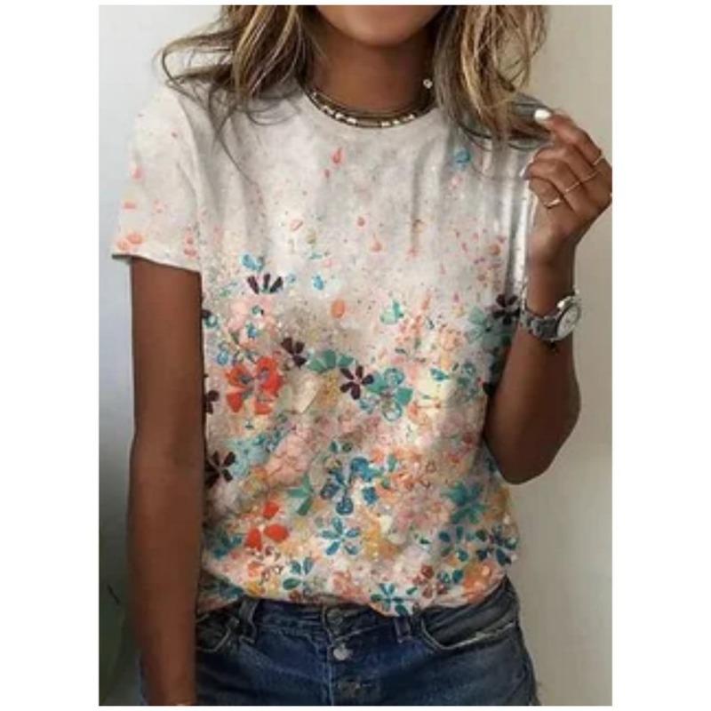 Colorful Flower and Butterfly 3D Printed T-shirt, Women's Round-neck Short-sleeved T-shirt, Women's Clothing