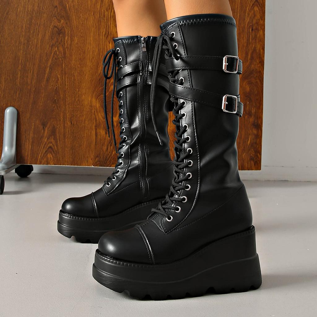 Belt buckle slope heel locomotive boots women's winter new thick-soled large-size muffin punk style high boots