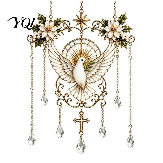 Stained Glass Angel Window Hanging Effect Blessing Suncatcher, Acrylic Prayer Decorative Suncatcher Ornament with Faux Crystal Charm for Home