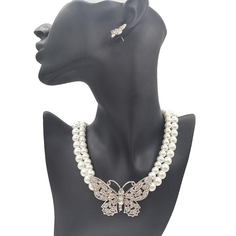 European and American Butterfly Pearl Necklace and Earring Set - Women's Fashionable and Versatile Jewelry