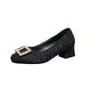 Mode Damen Schuhe 2025 Marke Slipper Damen High Heels Übergröße Kleid Pumps Damen Perle Quadratischer Knopf Flache Niedrige Absatzschuhe Damen