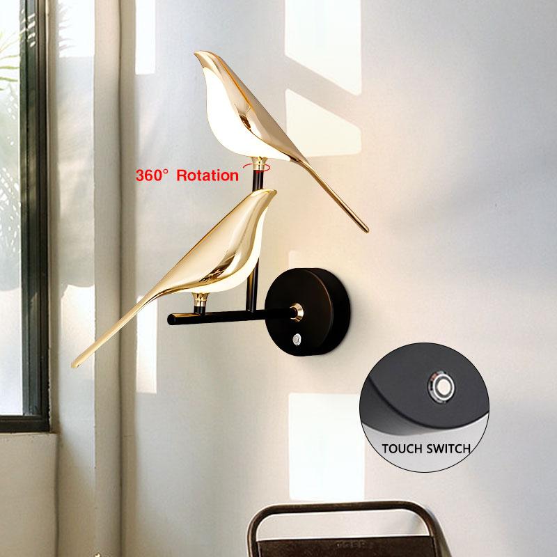 Elster Vogel Wandleuchte Touchschalter EIN/AUS Schlafzimmer Nachttisch Wohnzimmer Leuchte 360° Drehbar Foyer Wandleuchte AC85-265V