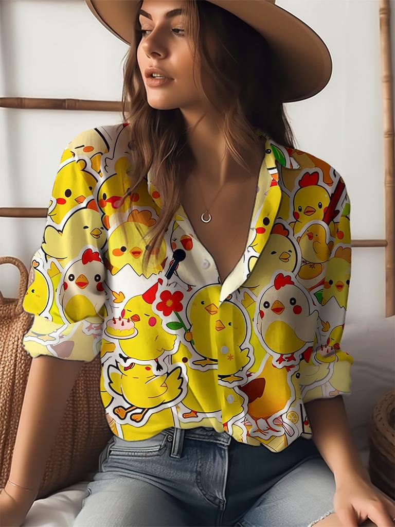 Colorful Cartoon Element Printed Lapel Shirt Women's Loose Casual and Comfortable Single-breasted Commuter Top