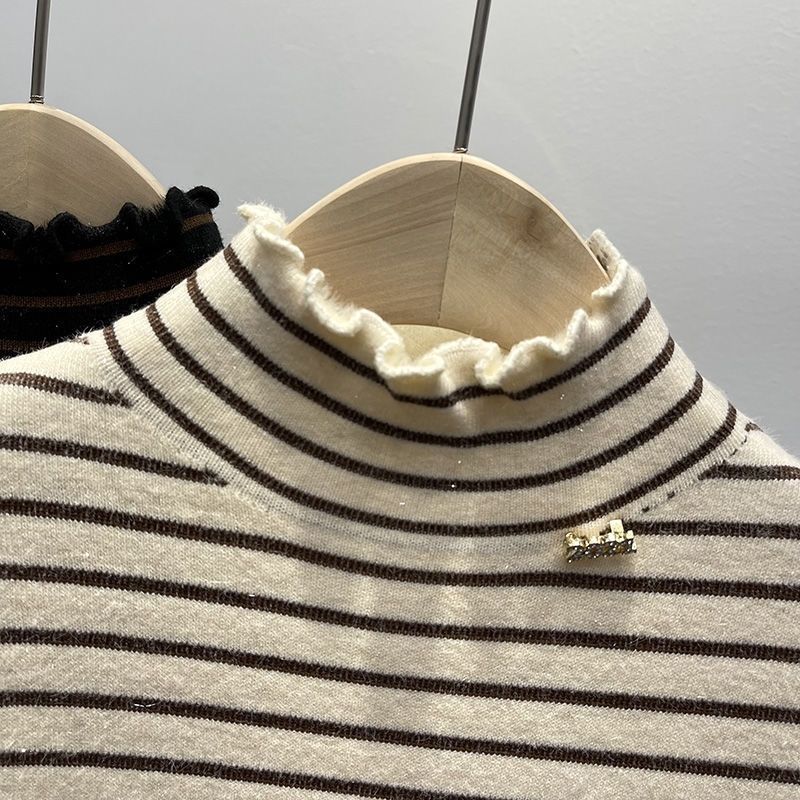 Autumn Winter Thickened Fleece-lined Pullover Elegant Long Sleeve Inner Wear Tops New Style Striped Warm Casual Tops Women 2025