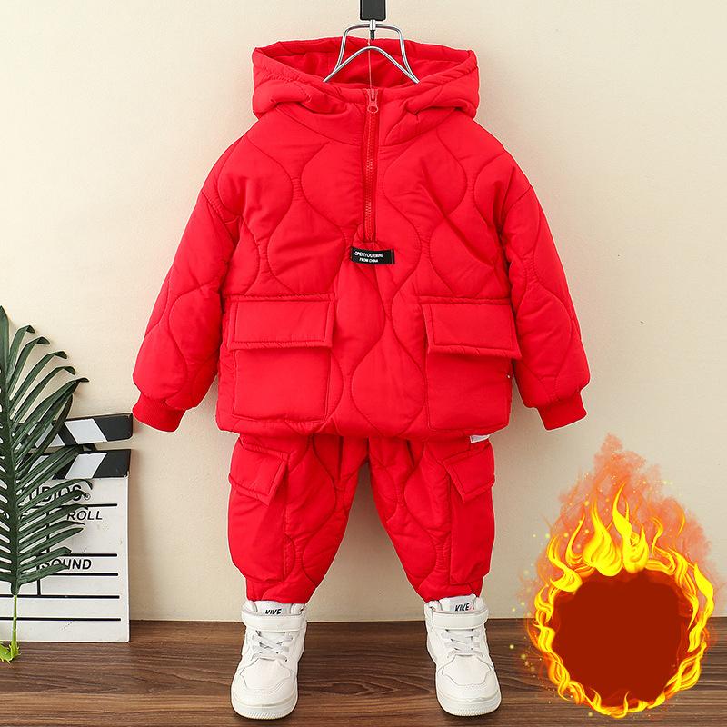 

Зимние детские комплекты одежды для мальчиков и девочек, теплые хлопковые бархатные пуловеры с капюшоном, пальто, верхняя одежда, брюки, комплект из двух предметов, зимние комбинезоны 80cm красный